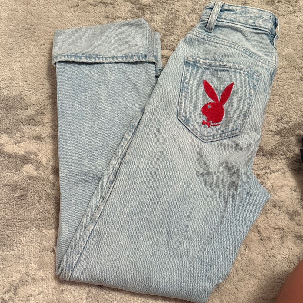 PLAYBOY Light Wash Straight Leg Jeans with Red Logo